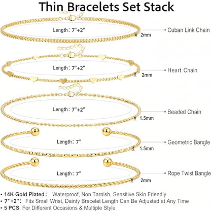 Dainty Gold Bracelet for Women Stack, Thin Bracelets Stackable Set with Bangle Cuff, Box, Herringbone, Paperclip, Figaro, Sparkling Link Chains Waterproof, Simple Jewelry Gifts for Women Non Tarnish - color: Gold-cuban/cuff/heart/beaded/twisted/rope
