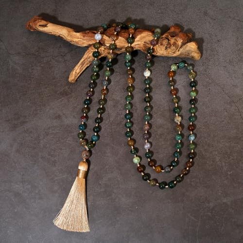 8mm Natural Stone 108 Mala Beads Necklace for Men and Women - color: Green Agate