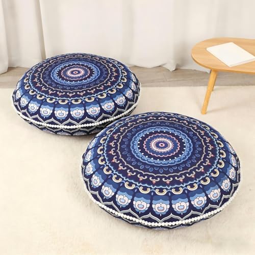 LOVMOC 32 Inch Round Floor Pillow for Adults Set of 2, Large Thick Memory Foam Boho Mandala Meditation Floor Seating Cushion, Machine Washable for Living Room Outdoor Yoga Floor Sitting, Navy Blue