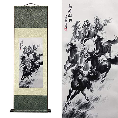 AtfArt Asian Wall Decor Beautiful Silk Scroll Painting Horse to Success - Win Instant Success Oriental Decor Chinese Art Wall Scroll Wall Hanging Painting Scroll (36.2 x 12 in) - color: B3