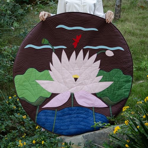 Handmade Lotus Applique Meditation Rug, Round Quilted Floor Mat, 43.3 Inch Cotton Patchwork Decor Rug for Yoga, Zen Space & Living Room