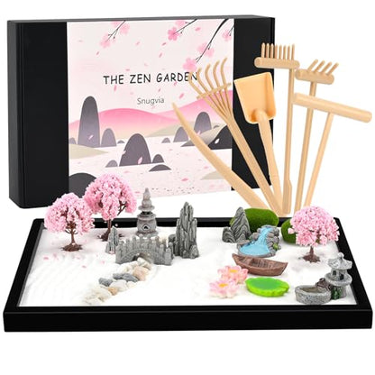 Zen Garden Kit for Desk 12x8in Premium Sand Tray Therapy Kit, Japanese Mini Zen Sand Garden Gift Set, 20 Accessories, Stress Relief Gifts, Meditation Home Office Desk Decor