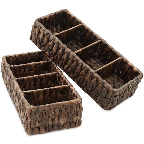 Casafield Set of 2 Water Hyacinth Basket Organizers with 4 Sections, Espresso - Woven Storage Bins for Bathroom, Laundry, Pantry, Office, Shelves