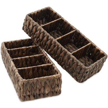 Casafield Set of 2 Water Hyacinth Basket Organizers with 4 Sections, Espresso - Woven Storage Bins for Bathroom, Laundry, Pantry, Office, Shelves