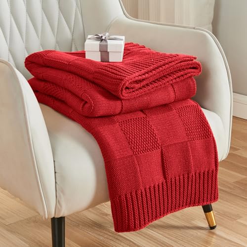 CozeCube Check Knit Throw Blanket, Christmas Red Checkered Bedroom Blanket for Couch, Soft Cozy Warm Knitted Blanket for Bed Sofa Living Room, Decorative Spring Fall Throw Blanket, 50"X60" - color: Christmas Red, size: 50"X60"