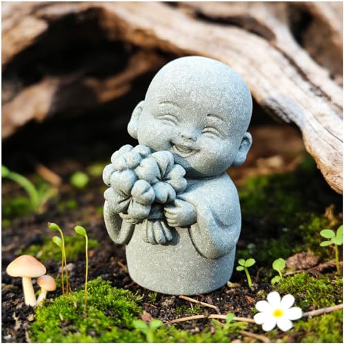 livelyfish Japanese Monk Statue Praying Zen Sandstone Mini Buddha Statues Asian Garden Sculptures for Wealth Good Luck Feng Shui Home Decor (Style 2)