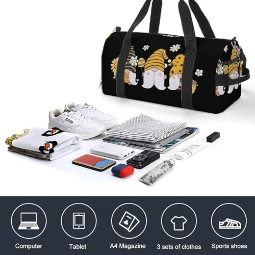 Sunflower Bee Cute Cartoon Gnome Black Large Capacity Portable Fitness Bag, Easy to Carry - color: Sunflower Bee Cute Cartoon Gnome Black