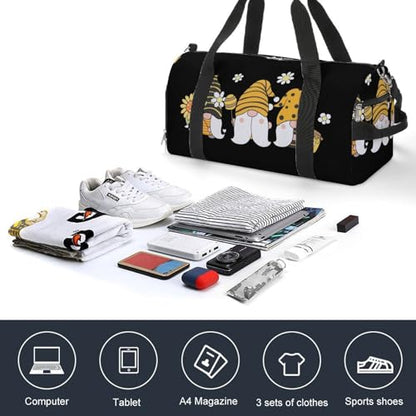 Sunflower Bee Cute Cartoon Gnome Black Large Capacity Portable Fitness Bag, Easy to Carry - color: Sunflower Bee Cute Cartoon Gnome Black