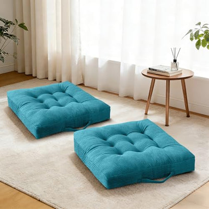 Floor Pillow 18x18 Inch Turquoise Corduroy Floor Sitting Cushions 2-Pack, Portable Handle Design, Non-Slip Chair Pads for Meditation Yoga Indoor Use