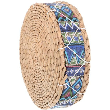 Meditation Sitting Cushion Straw Woven Floor Pillow 30cm Diameter 7cm Height Blue Natural Corn Husk Round Seat Pad for Yoga Room and Balcony