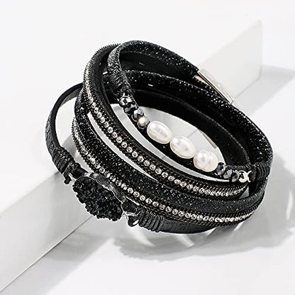 Artilady Leather Wrap Bracelets for Women - Pearl Bracelets Handmade Clasp Bangle Bracelet with Beads Jewelry Gift for Women and Mother - style: So She Did, Black