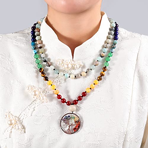 Bivei 108 Mala Beads Necklace Life Tree 7 Chakra Wrap Bracelet Real Healing Gemstone Yoga Meditation Hand Knotted Mala Prayer Bead Necklace - color: Amazonite, size: 8mm