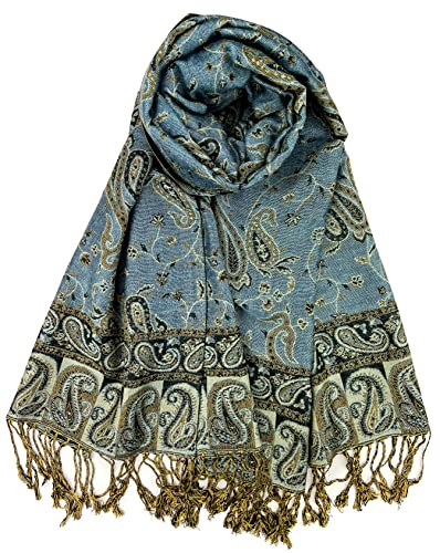 Plum Feathers Tapestry Ethnic Paisley Pattern Pashmina Shawl Scarf, Womens Pashmina Shawl Wrap with Fringes - color: Blue Floral Paisley