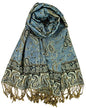 Plum Feathers Tapestry Ethnic Paisley Pattern Pashmina Shawl Scarf, Womens Pashmina Shawl Wrap with Fringes - color: Blue Floral Paisley
