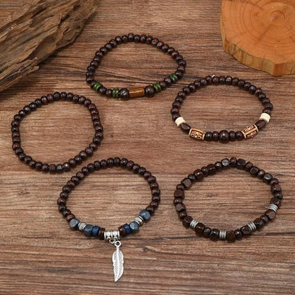 Long tiantian Beaded Bracelets for Men Wooden Bead Bracelets Stackable Layered Stretch Bracelet Trendy Wooden Jewelry Gift for Men - color: C-Bead Bracelets