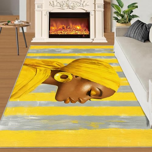 African Woman Rugs for Living Room - 5x6 Area Rug - African American Rugs for Bedroom, Yellow and Grey Rug, Washable Rug Classroom Home Decor Carpet - color: African Woman#159, size: 5'x6' (Rectangular)