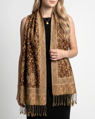 Achillea Reversible Paisley Pashmina Rave Scarf – Exotic Indian Shawls and Wraps for Evening Dresses, Festivals, All Seasons - color: Brown
