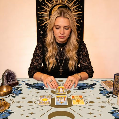 Tarot Altar Cloth Beige Tablecloth Moon Phases Flowers Crows Print Card Table Tablecloth with Tarot Card Bag for Reading Rituals Crystals Spiritual Divination Witchcraft Supplies - color: Moon Flowers Crows