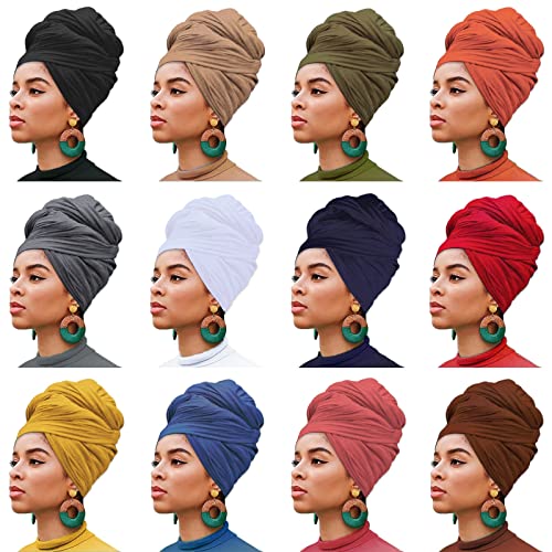 XTREND 12 Pieces Stretch Head Wrap Jersey Turban Solid Color Bohemian Dye Headwraps African Fashion Headwear Headband Extra Long Hair Scarf Soft Breathable Turban Tie for Women 12 Colors - color: Y-12 Pcs Solid color Combination