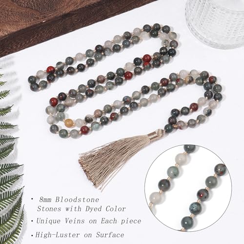 8MM Beads Chakra Long Mala Necklace Natural Stone Meditation Statement Necklace Japa Yoga Buddhist Rosary Prayer Charm Beaded Tassel Necklace - color: Bloodstone