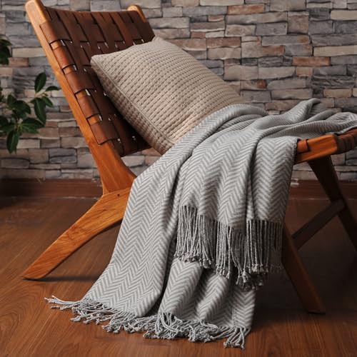 CUDDLE DREAMS Silk Throw Blanket with Hand-Knotted Fringe, Natural, Soft & Breathable (Herringbone Gray) - color: Herringbone Gray