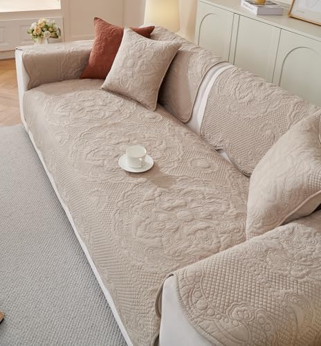 vctops Boho Cotton Quilted Couch Cover Soft Embroidered Sofa Cover Non-Slip Dog Bed Cover Scalloped Sofa Slipcover Washable Furniture Protector Cover (Khaki,28"x59") - color: Khaki, size: 1pc/28"x59"/Rectangular