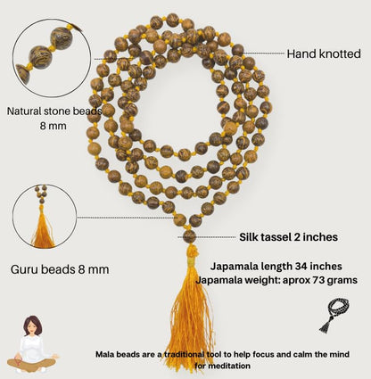 GEMSCITE Japa Mala 108 Prayer Beads Perfect for Meditation Spiritual Mala Necklace & Wrist Mala Bracelet - color: Mariyam Jasper (Calligraphy), size: Hand Knotted