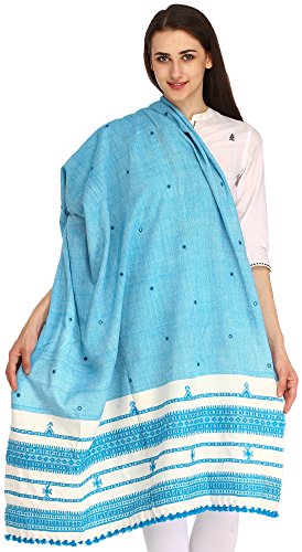 Exotic India Shawl from Kutch with Embroidered Mirrors - Pure Wool - color: Air Blue