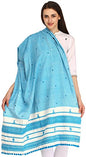Exotic India Shawl from Kutch with Embroidered Mirrors - Pure Wool - color: Air Blue