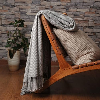 CUDDLE DREAMS Silk Throw Blanket with Hand-Knotted Fringe, Natural, Soft & Breathable (Herringbone Gray) - color: Herringbone Gray