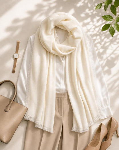 KVSS Women's Fine Knit Shawl, 55% Cashmere 45% Mulberry Silk, X Gauge 120/2NM Yarn Lightweight Spring Summer Wrap Scarf - color: Ivory