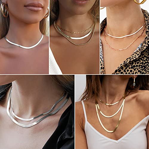 FOCALOOK 14K Gold Plated Necklaces for Women, Fashion Herringbone Choker Necklace Stainless Steel Flat Snake Chain 3/5MM(W) 12.5"/15"/18"+3.5"(L) - color: 5MM-15"&3MM-12.5" Layered-Rose Gold