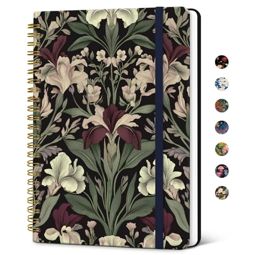 Taja Spiral Journal Notebook for Women, Pretty Hardcover Lined Notebook for Work & Note Taking, Aesthetic Cute Journal for Writing, 140 Pages, 5.8"x8.3", Dark Botanica - color: U-Dark Botanica