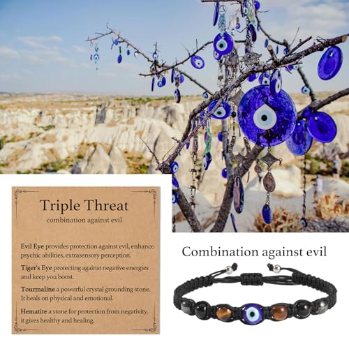 Triple Threat Protection Bracelet for Women,Evil Eye Natural Healing Crystal Beaded Bracelet for Protection - style: Evil Eye Braceet (String)