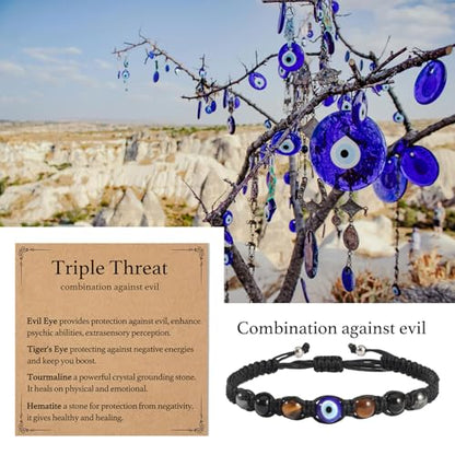 Triple Threat Protection Bracelet for Women,Evil Eye Natural Healing Crystal Beaded Bracelet for Protection - style: Evil Eye Braceet (String)
