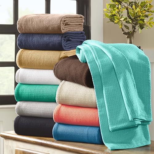 Superior Waffle Weave Cotton Blanket, for Picnic, Beach, Traveling or Camping, Comfy Blanket, Bedroom Decor, Essentials, Cover for Bed, Couch, Lounging, Honeycomb Knit, Throw, Azure