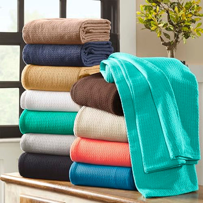 Superior Waffle Weave Cotton Blanket, for Picnic, Beach, Traveling or Camping, Comfy Blanket, Bedroom Decor, Essentials, Cover for Bed, Couch, Lounging, Honeycomb Knit, Throw, Azure