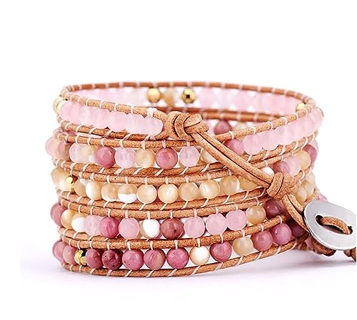 Boho Wrap Bead Bracelet for Women - Handmade Adjustable Natural Stone Beaded Bracelets Yoga Healing Bracelet Bangle Hippie Jewelry - color: Pink