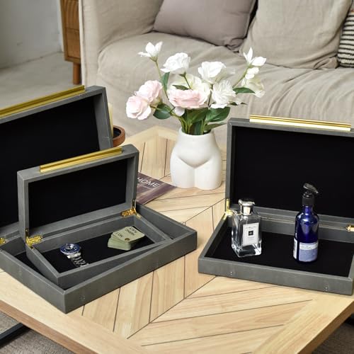 Faux Shagreen Decorative Storage Boxes – Set of 3 Stackable Jewelry Organizers with Gold Metal Handles & Velvet Lining, Modern Grey Box for Vanity, Entryway & Coffee Table Décor