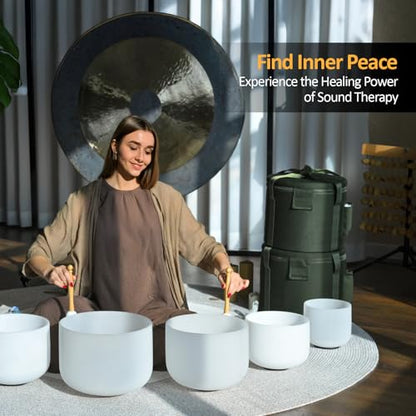 432HZ 6-12 Inch Crystal Singing Bowl Set of 7 with 2 Pcs Green Heavy Carrying Case bag, Frosted Quartz Crystal Sound Healing bowls for Chakra, Meditation, Sound Therapy