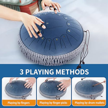 Steel Tongue Drum 13 INCH 15 NOTES, Rain Drum for Outside Garden, Rain Chime Chakra Drum, Hand Pan Musical Instrument Gift with Bag for Adult, Mallets for Meditation Yoga (Navy, D key) - color: Navy