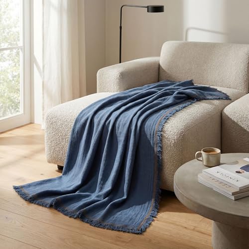 Odin Waffle Throw Blanket with Tassels, 50x66 Inch, 100% Turkish Cotton, Oeko-TEX Certified, Breathable Lightweight Throw for Couch, Sofa & Bed, Made in Turkey, Denim - color: Denim