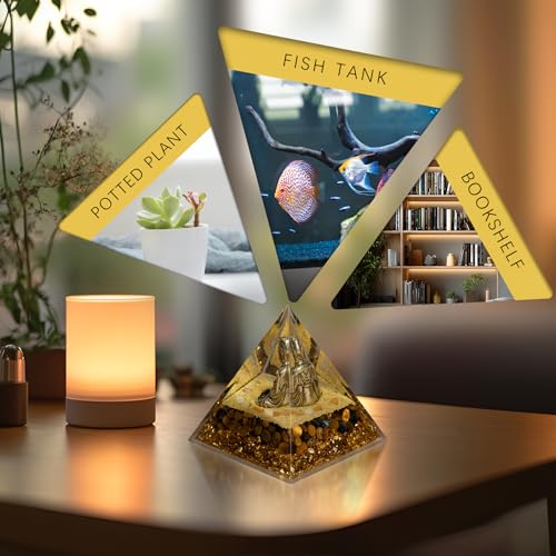 FENGSHUI-CAISHEN Guan Yin Statue in Healing Crystal Organite Pyramid - Quan Yin, Kwanyin, Quan Am, Kuanyin, Guanyin Statue for Meditation Altar, Kwanyin, Female Buddha, Goddess of Mercy - color: Yellow