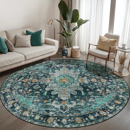 Ciicool Washable Boho 6ft Round Area Rug,Circle Non-Slip Oriental Throw Thin Floor Carpet for Dining Room Living Room Bedroom - color: Teal/Multi, size: 6' (Round)