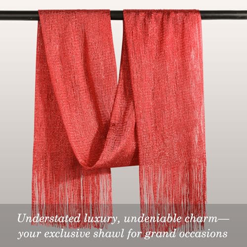 Sumolux Shawls Wraps for Evening Dresses Metallic Glitter Shawls Scarf for Women Sparkling Wedding with Free Buckle - color: Red