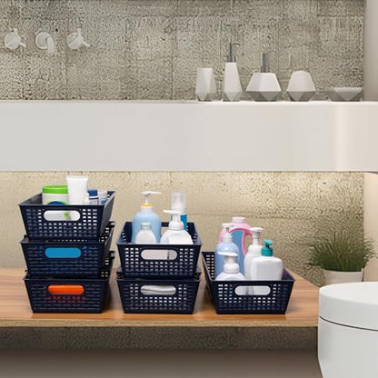 Tiawudi Stackable Woven Plastic Basket, Storage Bins for Cabinet, Closet, Shelf, Under Sink and Countertop, Pantry Organizer Bins, 6 Pack - color: Dark Blue