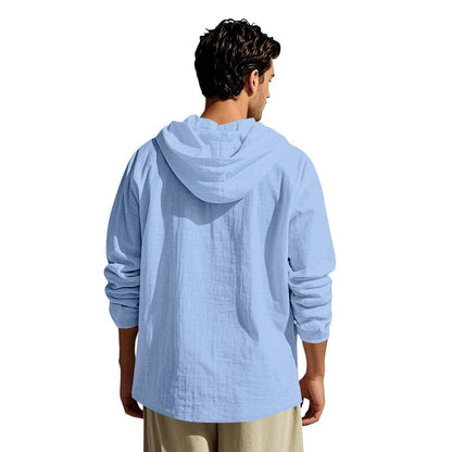 Men's Linen Hoodie Lightweight Hawaiian Shirt Casual Beach Shirt with Pockets - color: Light Blue
