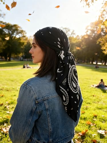 35" Head Scarf Large Square Scarf Like Cotton Hairscarf Fashion Scarves Bandana Night Sleeping Wraps for Women B01 - color: Black Paisley
