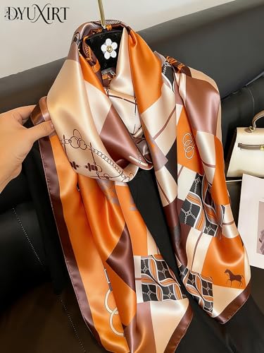 100% Mulberry Silk Oversized Women’s Sun-Shielding Shawl Formal Evening Neckwear Featherlight Airy - color: N15-tangerine Geo Scarf（69" X 21"inch）
