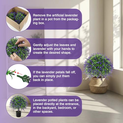 2 Pcs Artificial Lavender Topiary Ball Trees Potted Plants, UV Resistant Fake Lavender Topiary Plant Purple Trees for Garden, Front Door Porch and Outdoor Decor (Purple, M)